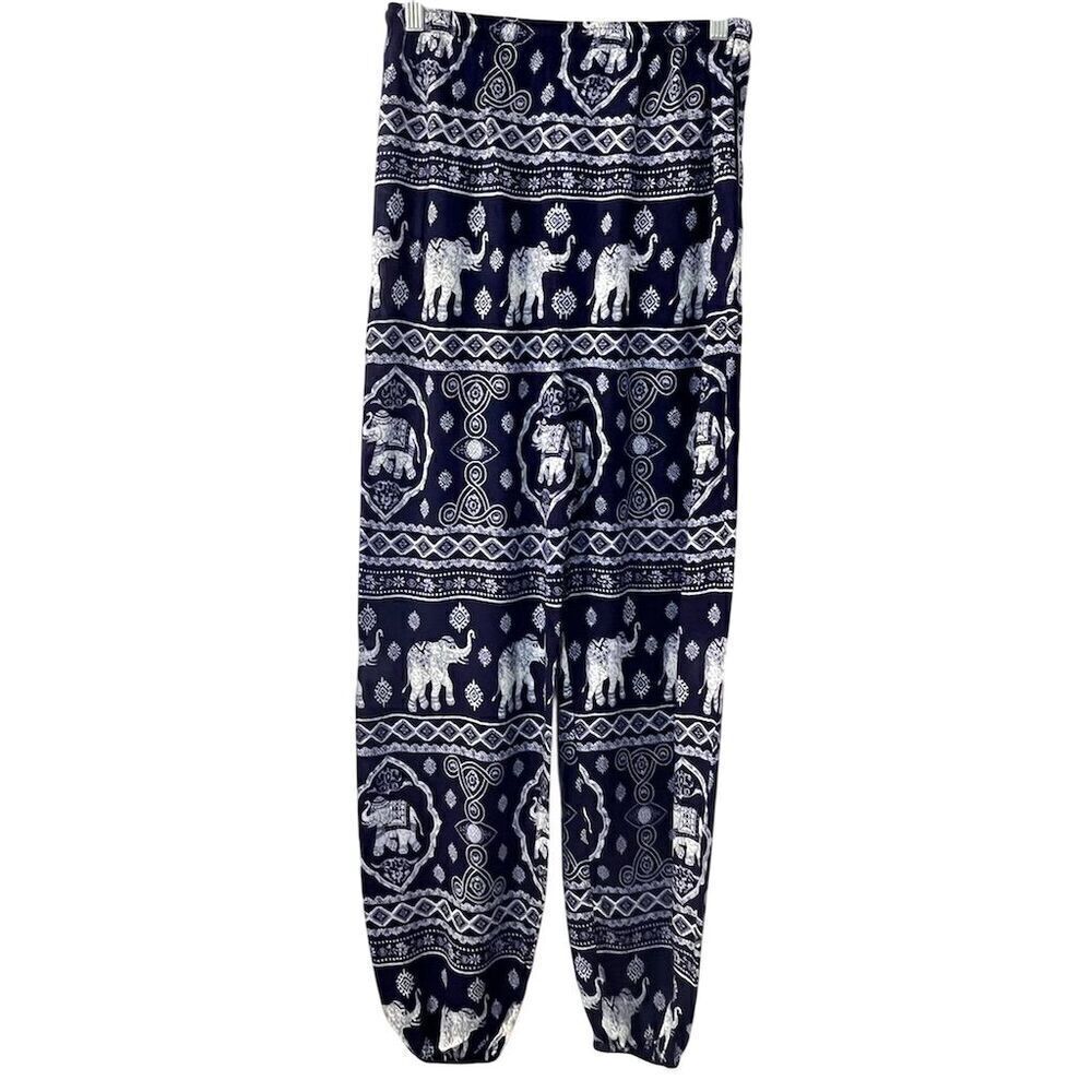 Unisex Harem Pants L Blue Geometric Elephant Bohemian Hippie Tapered Earthy Y2K - Picture 2 of 10